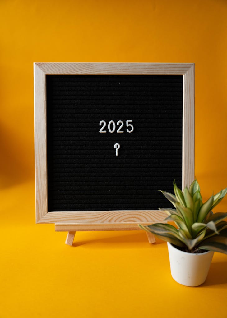Black letter board displaying '2025' on yellow background with a succulent plant.