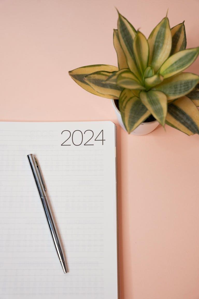 Minimalist 2024 planner with pen and indoor plant on a peach-colored background for productivity inspiration.